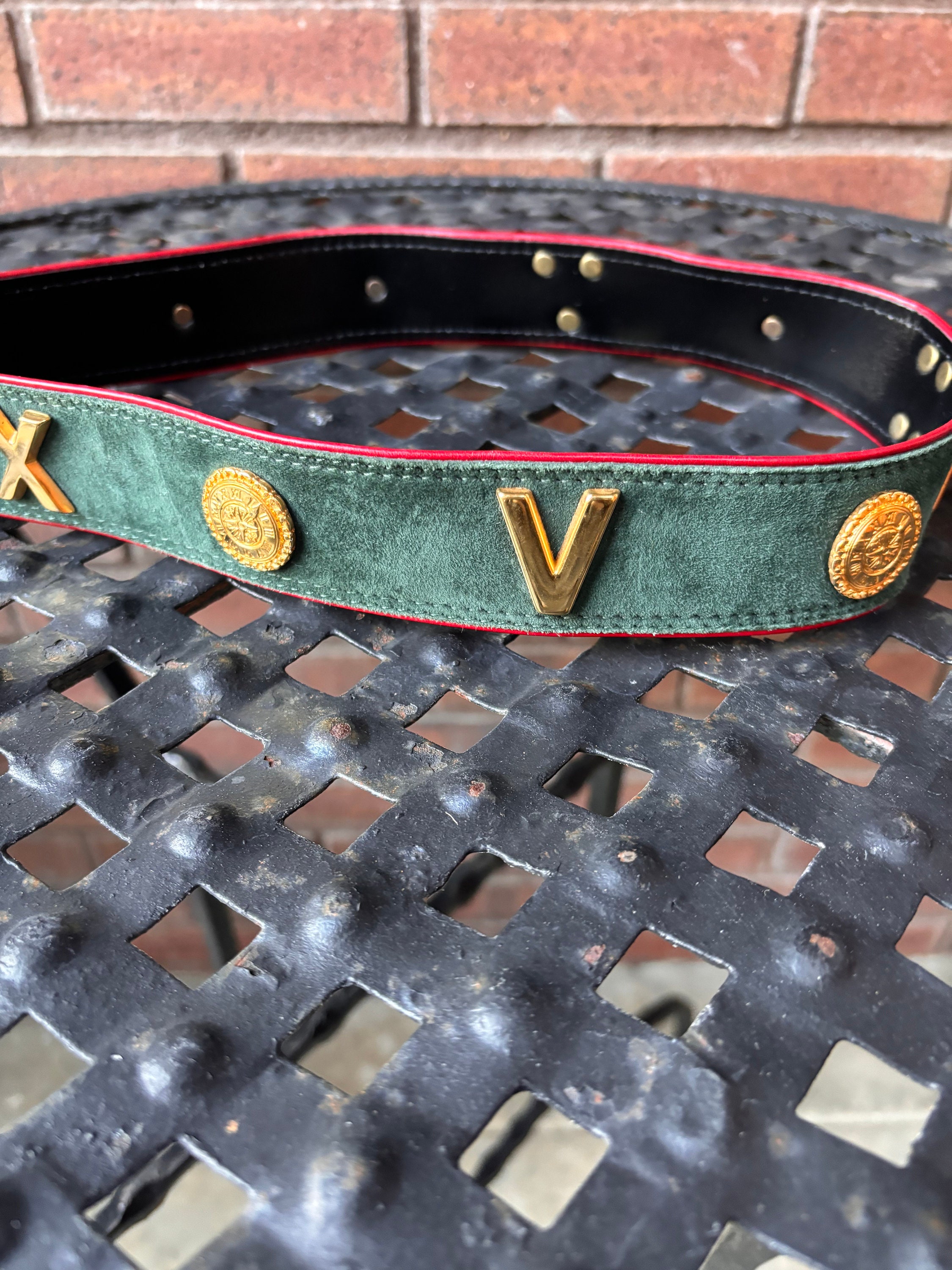 Escada Belt Green Suede with Red edging,  Gold Buckle and Gold Roman Numerals Escada Camel Suede Signature Belt main image 2