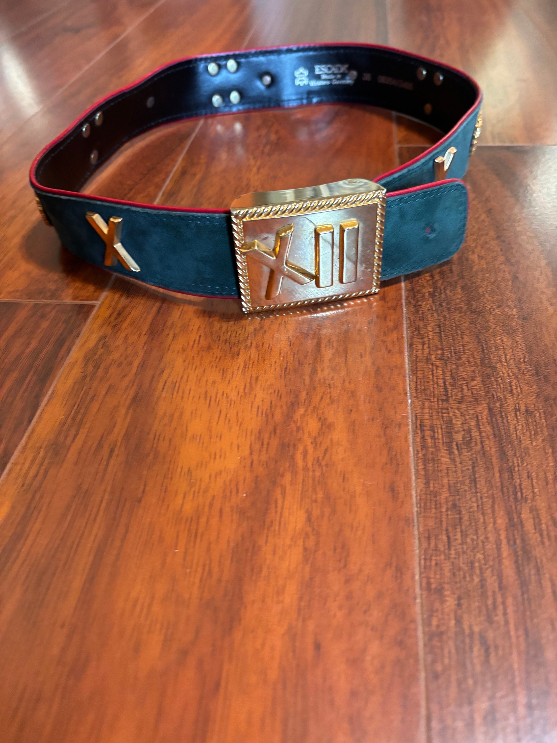 Escada Belt Green Suede With Red Edging, Gold Buckle and Gold