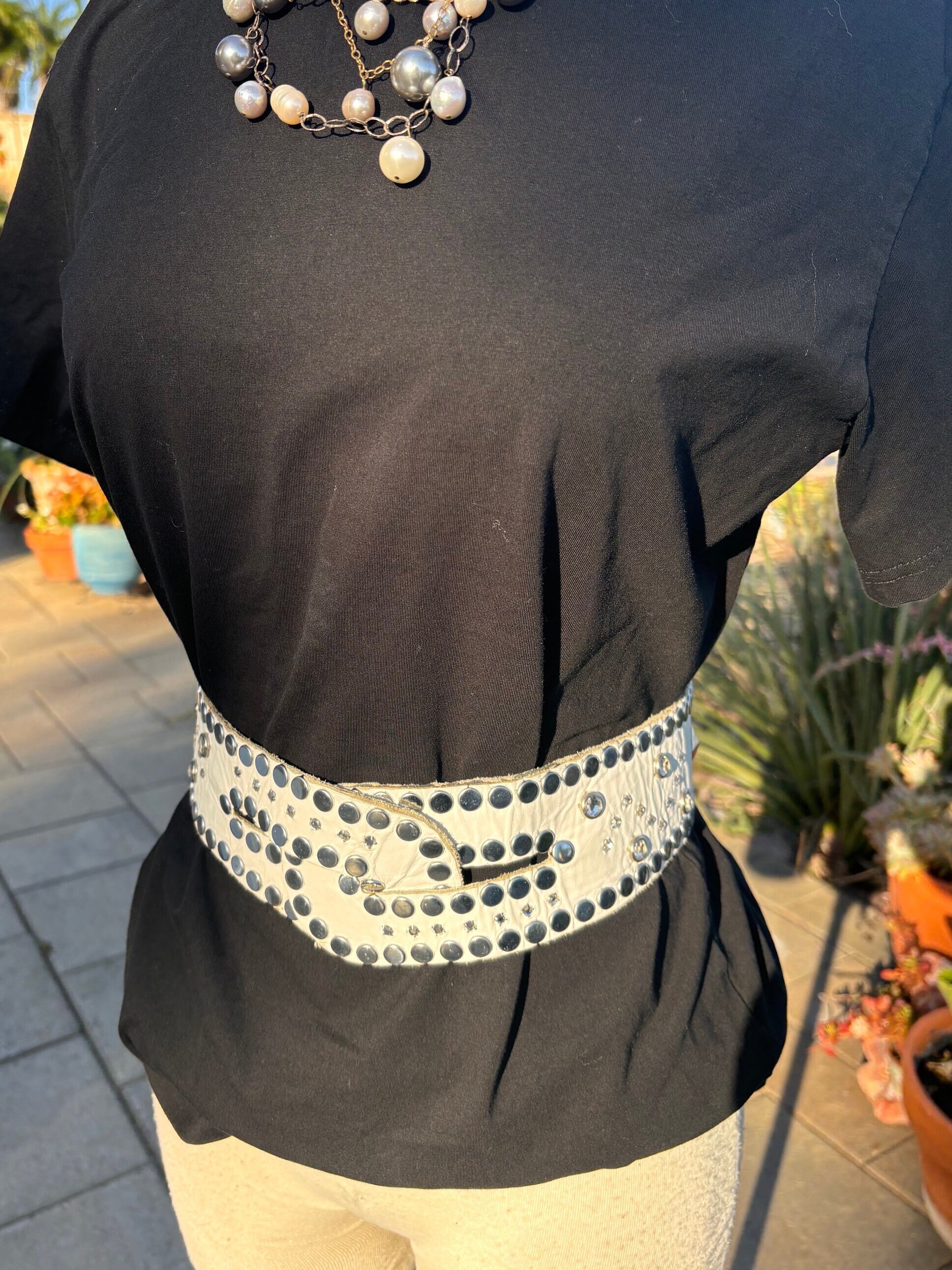 Sheila Kaufman, White, Leather, Crystal and Stud Embellished 