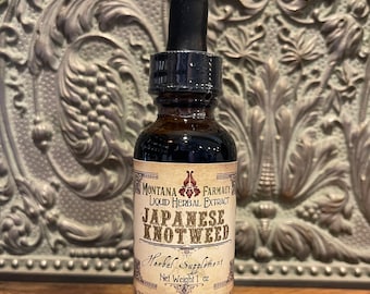 May include: A brown glass bottle with a black dropper top. The label reads "Montana Farmacy Liquid Herbal Extract Japanese Knotweed Herbal Supplement Net Weight 1 oz".