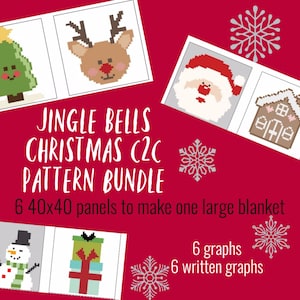 May include: A Christmas C2C pattern bundle with 6 40x40 panels to make one large blanket. The bundle includes 6 graphs and 6 written graphs. The patterns feature a Christmas tree, reindeer, Santa Claus, gingerbread house, snowman, and a stack of presents.