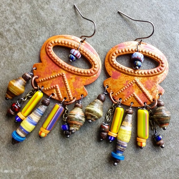 Be You Beautiful Tribal Safari Chandelier earrings artisan handmade unique OOAK Antique brass, Chevron beads, paper Czech glass jewelry