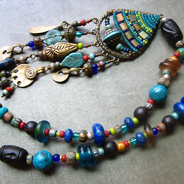 50% OFF SALE! Earthy and Rustic, Tribal, Global, World Traveler Necklace, with Turquoise, Lapis, Ebony, Czech Glass, Recycled Ghana Glass