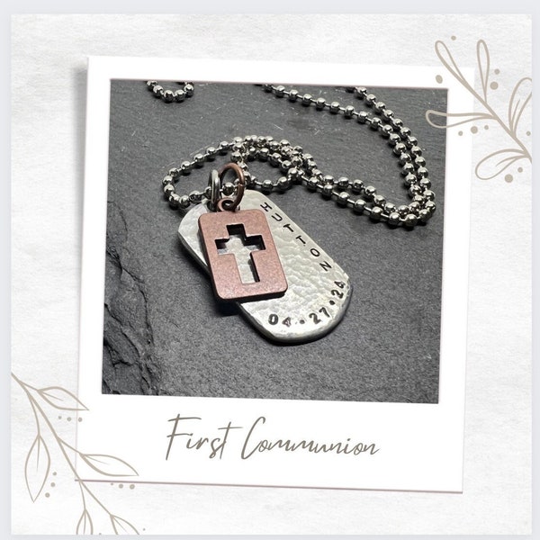 Boy First Communion Necklace, Boys Confirmation, First Communion Gift, Copper Dog Tag, Cross Necklace for Boys, Hand Stamped, Personalized.