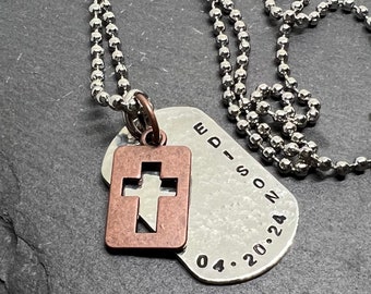 Boy Cross Necklace, Boys Confirmation or First Communion Gift, Copper Dog Tag Cross Necklace for Boys, Hand Stamped and Personalized.