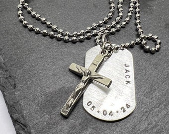 Boy Cross Necklace, Boys Confirmation or First Communion Gift, Copper, Silver Dog Tag Cross Necklace for Boys, Hand Stamped, Personalized