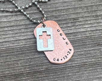 Boy Cross Necklace, Boys Confirmation or First Communion Gift, Copper Dog Tag Cross Necklace for Boys, Hand Stamped and Personalized.