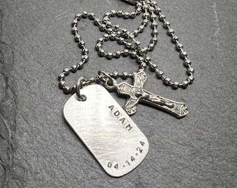 Boy Cross Necklace, Boys Confirmation or First Communion Gift, Silver Dog Tag Cross Necklace for Boys, Hand Stamped and Personalized.