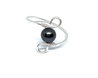 Dainty Swarovski Black Pearl Ring: Silver Wire Wrapped Ring