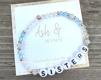 Sister Beaded Bracelet: Aquamarine & Crystal, Gold Accents