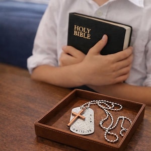 Personalized Boy's Cross Necklace: Hand Stamped Copper Dog Tag, Confirmation Gift