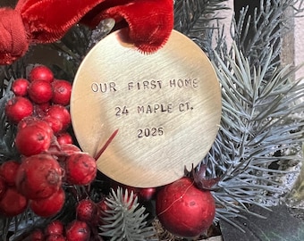 Our First Home Brass Ornament, Hand Stamped Personalized Christmas Ornament, Personalized Ornament, Heirloom Christmas Gift, Baby's 1st Xmas