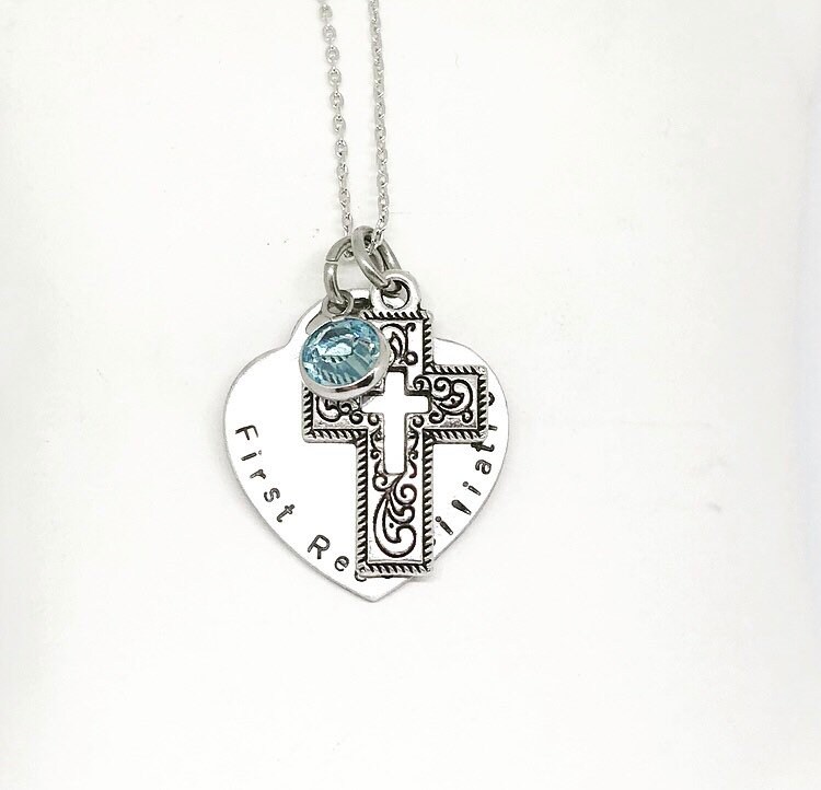 First Communion Necklace: Hand Stamped Heart & Cross, Birthstone Gift