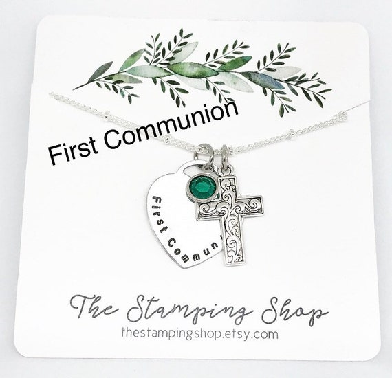 Hand Stamped First Communion Necklace: Personalized Heart Cross