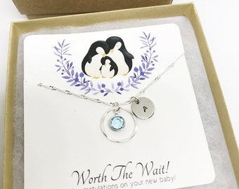 New Mom Gift: Dainty Sterling Silver Necklace, Birthstone & Initial Charm