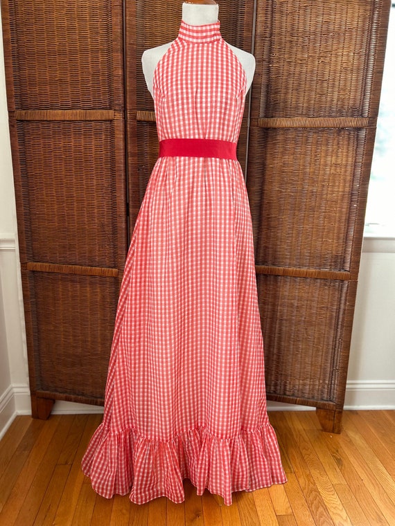 Vintage House of Bianchi Red White Gingham Checkered Halter Dress Gown Vintage House of Bianchi Red White Gingham Checkered Halter Dress Gown
