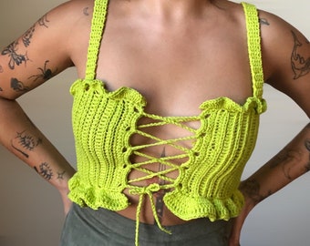 the ViVi top ruffled crochet corset written pattern