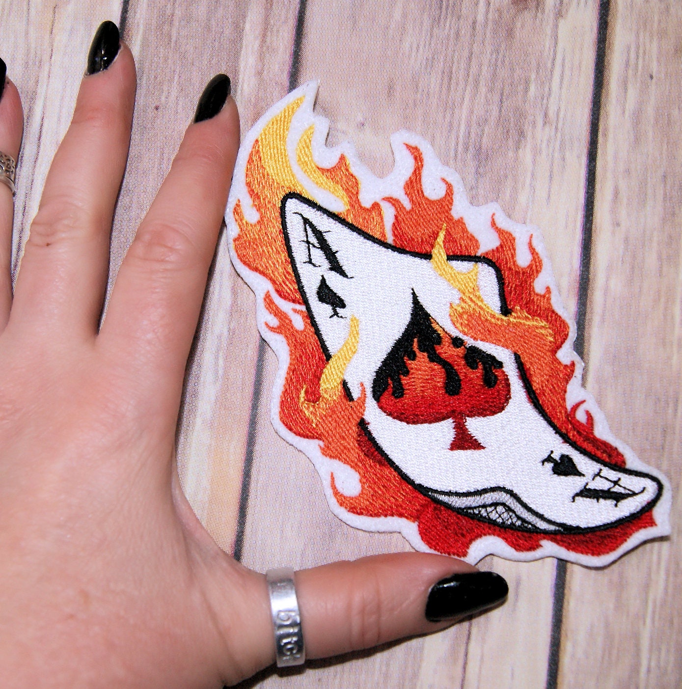Flaming Ace of Spades Iron on Embroidery Patch Mtcoffinz - Choose 