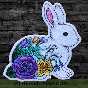 Floral Bunny Patch Easter Bunny, Springtime Floral Flower Rabbit Iron On Embroidery Patch - Choose Size
