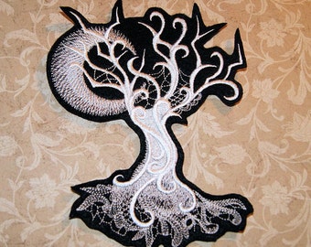 Ghost Spooky Tree Crescent Moon White Baroque Iron On Embroidery Patch MTCoffinz - Choose Size