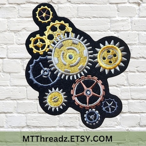 Gear Patch SteamPunk 10 Brass Copper Gears Iron On Embroidery Patch