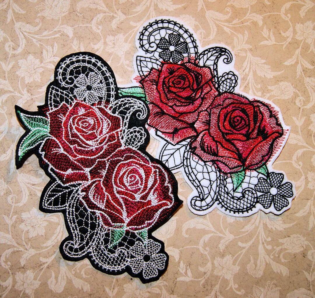 Rses Patch Red Rose Patch Painted Red Roses Roses and Lace Iron on Embroidery ...