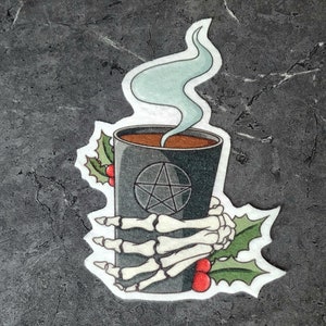 Christmas Skeleton Hand Patch Iron on Patch Christmas Hot Cocoa Iron On Patch Goth Patch Xmas Pentagram Mug Patch Merry Gothmas