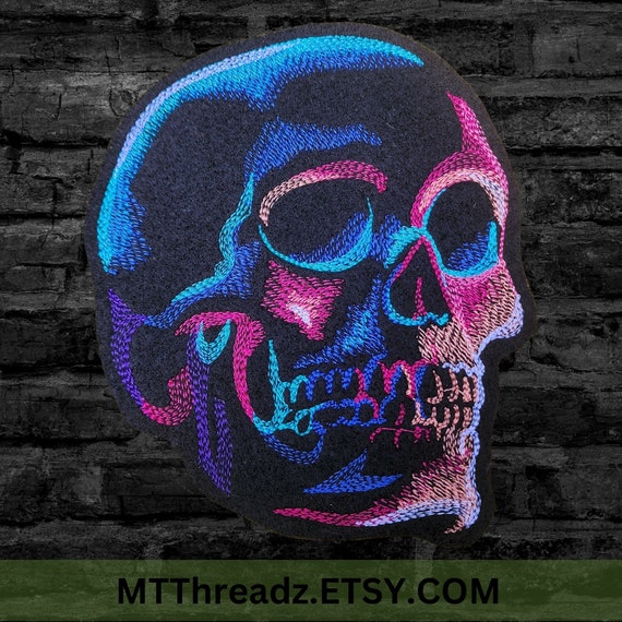 Crystal Skull Patch Jewel toned Skull Iron On Patch Spooky Human Skull Patch Embroidery Neon Skull Patch - Choose Size