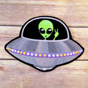 UFO Patch Green Alien Patch Peace Sign UFO Alien Spaceship Iron On Embroidery Patch MTCoffinz - Choose Size