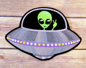 UFO Patch Green Alien Patch Peace Sign UFO Alien Spaceship Iron On Embroidery Patch MTCoffinz - Choose Size
