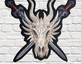 Dragon Skull Patch DND Dragon Swords Patch Embroidery Dragon Fantasy Dragon Patch Iron On Embroidery Patch Battle Vest Patch Back Patch