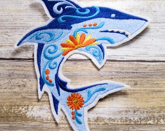 Flower Power Blue Shark - Iron On Embroidery Patch MTCoffinz - Choose Size