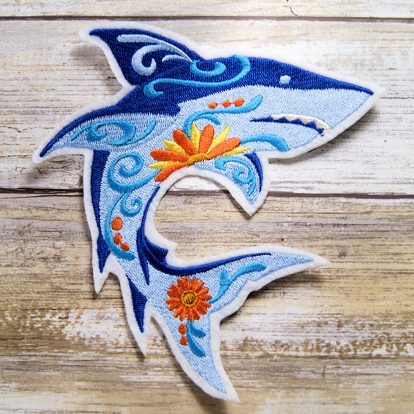 Flower Power Blue Shark - Iron On Embroidery Patch MTCoffinz - Choose Size