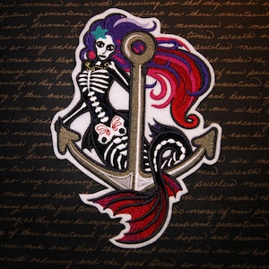 Mermaid Muerta Skeleton Iron On Embroidery Patch MTCoffinz- Choose Size / Color