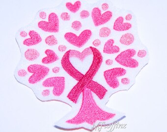 Pink Ribbon Heart Tree Iron On Embroidery Patch MTCoffinz
