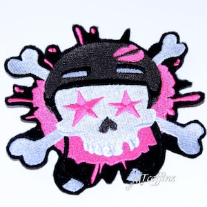 Roller Derby Skull Helmet Iron On Embroidery Patch MTCoffinz Pink Blue or Green - Choose Color