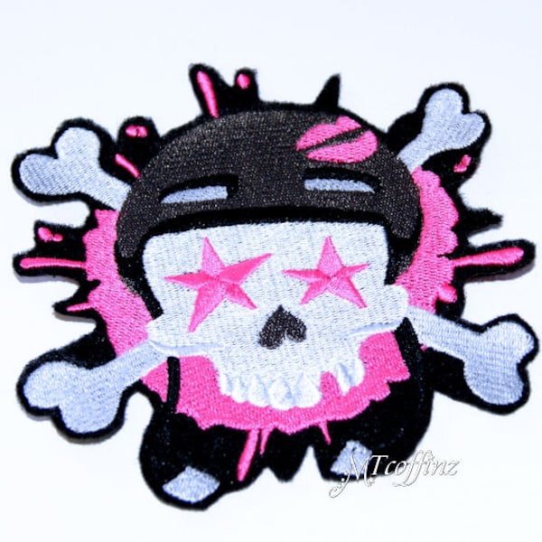 Roller Derby Skull Helmet Iron On Embroidery Patch MTCoffinz Pink Blue or Green - Choose Color