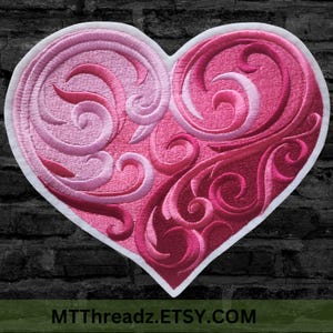 Pink Heart Patch Pink Baroque Swirls Iron On Embroidery Patch  - Choose Size