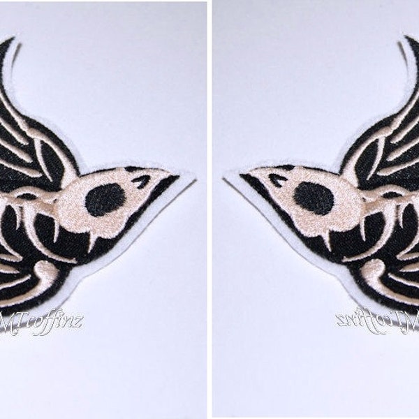 Gothic Swallow Bird Skeleton Rockabilly Iron On Embroidery Patch MTCoffinz - Mirror Pair (large)