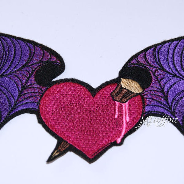 Staked Vampire Heart with Wings Iron On Embroidery Patch MTCoffinz