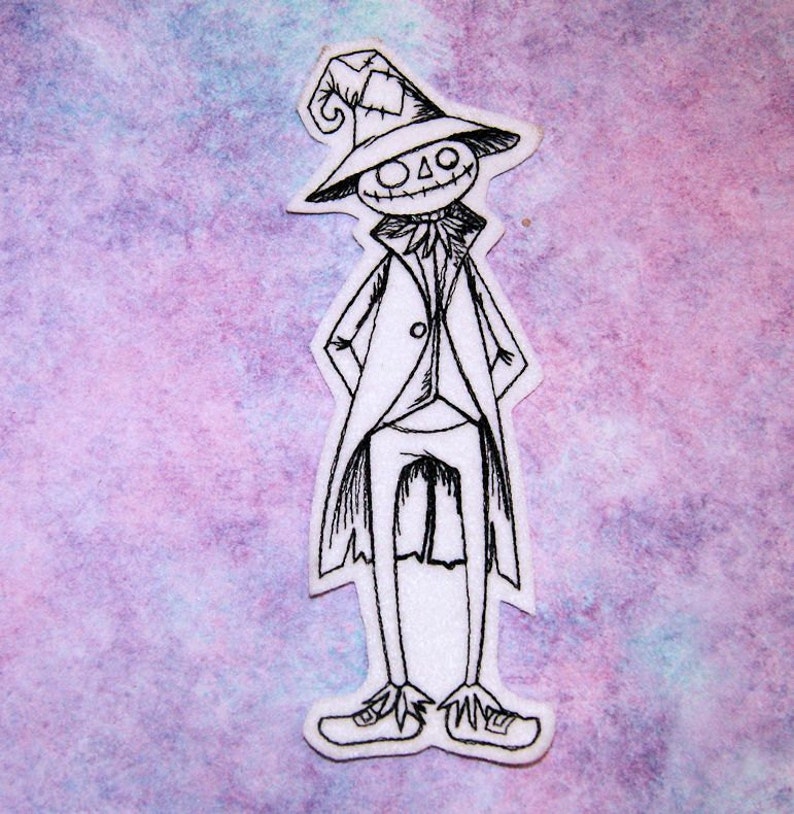 May include: A black and white line drawing of a scarecrow wearing a hat and a suit. The scarecrow is standing on a purple and blue watercolour background.