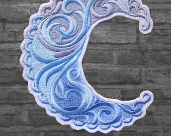 Blue Moon Patch Ice Blue Crescent Moon Baroque Swirls Iron On Embroidery Patch  - Choose Size