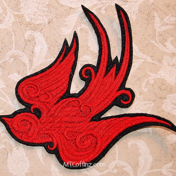 Red Baroque Rockabilly Sparrow Iron On Embroidery Patch MTCoffinz