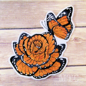 Monarch Butterfly Patch Butterfly Rose Floral Butterfly Iron On Embroidery Patch  - Choose Size