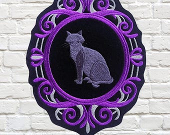 Black Cat Cameo Patch Purple Cameo Frame Spooky Halloween Iron On Embroidery Patch - Choose size