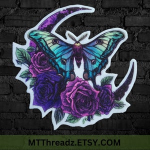 Luna Moth Patch Purple Crescent Moon Iron On Fabric Patch Purple Rose Fantasy Moth Patch  - Choose Size