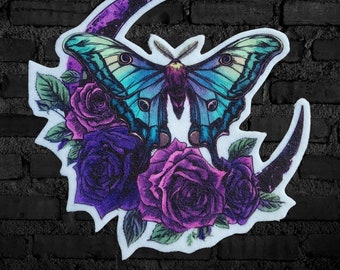 Luna Moth Patch Purple Crescent Moon Iron On Fabric Patch Purple Rose Fantasy Moth Patch  - Choose Size