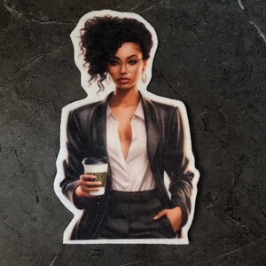May include: A sticker featuring a woman in a business suit holding a coffee cup. She wears glasses and hoop earrings, with her hair styled in voluminous curls. The woman is dressed in a black blazer, white shirt, and dark pants.