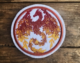 Sample SALE Autumn Leaves Dragon Patch Fall Leaf Colors Round Merit Badge style Fire Red Orange Iron On Patch - Ready to Ship LAST ONE