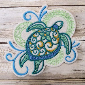 Teal Green Mehndi Sea Turtle- Iron On Embroidery Patch MTCoffinz - Choose Size